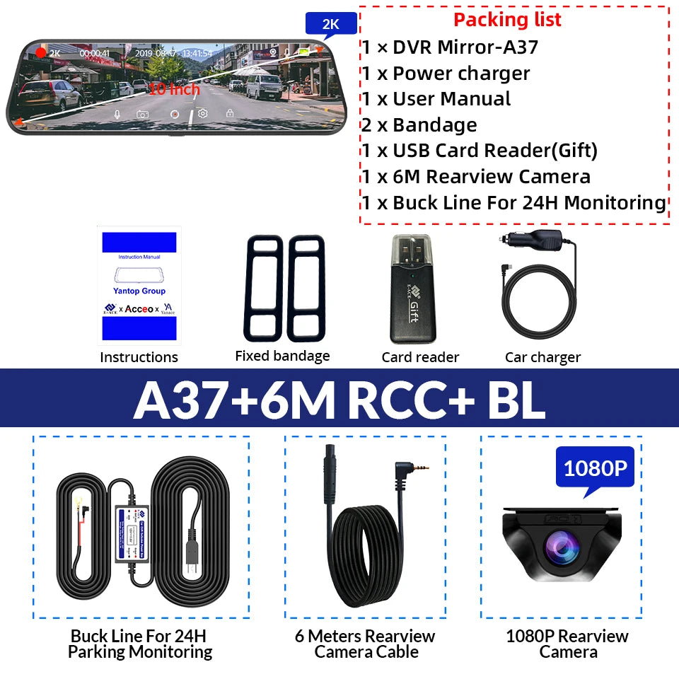 E-ACE 2K Car DVR WIFI GPS Stream Media Mirror Optional 1080P Car Video Camera Night Vision Loop Recording 24H Parking Black Box Car Mobile World