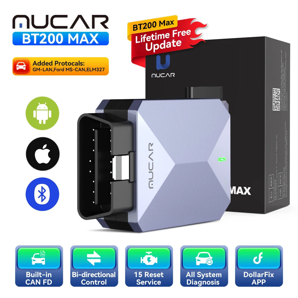 Lifetime Free Update MUCAR BT200 Max OBD2 Scanner AI Assisted CAN FD Bi-directional  All System Diagnostic Tool 15 Reset