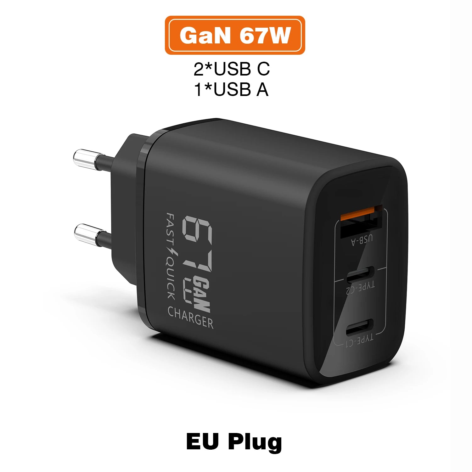 GaN 67W Quick charger type c pd 65w Super fast charger USB C and USB A 3 Ports with QC 4.0 3.0 for Samsung iPhone 15 Pro Laptop Car Mobile World