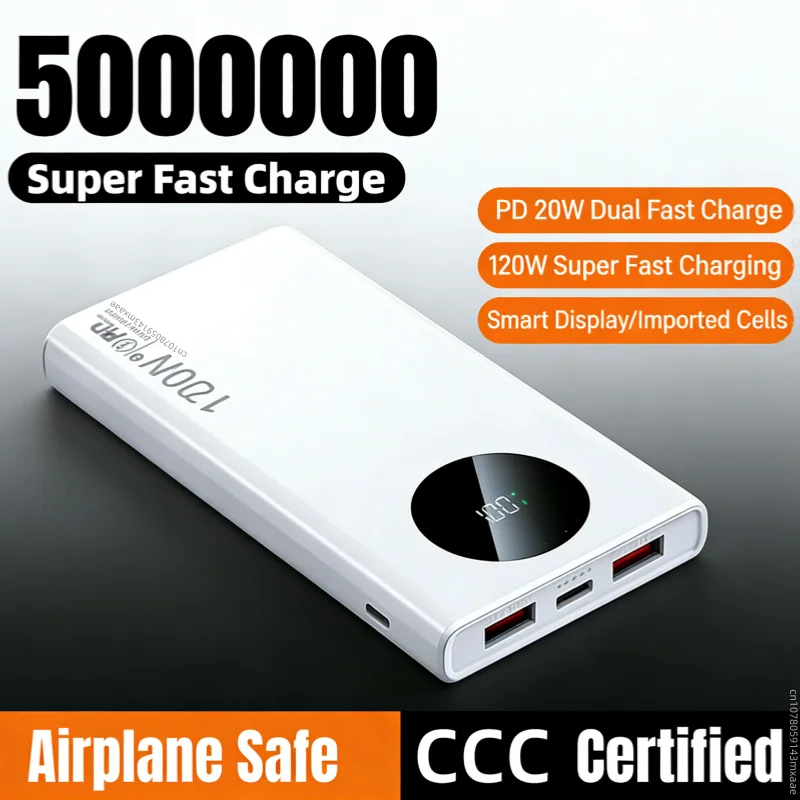 500000mAh Power Bank 120W Super Fast Charging PD20W Dual Way Digital Display Airplane Safe CCC For iPhone Samsung Xiaomi Car Mobile World