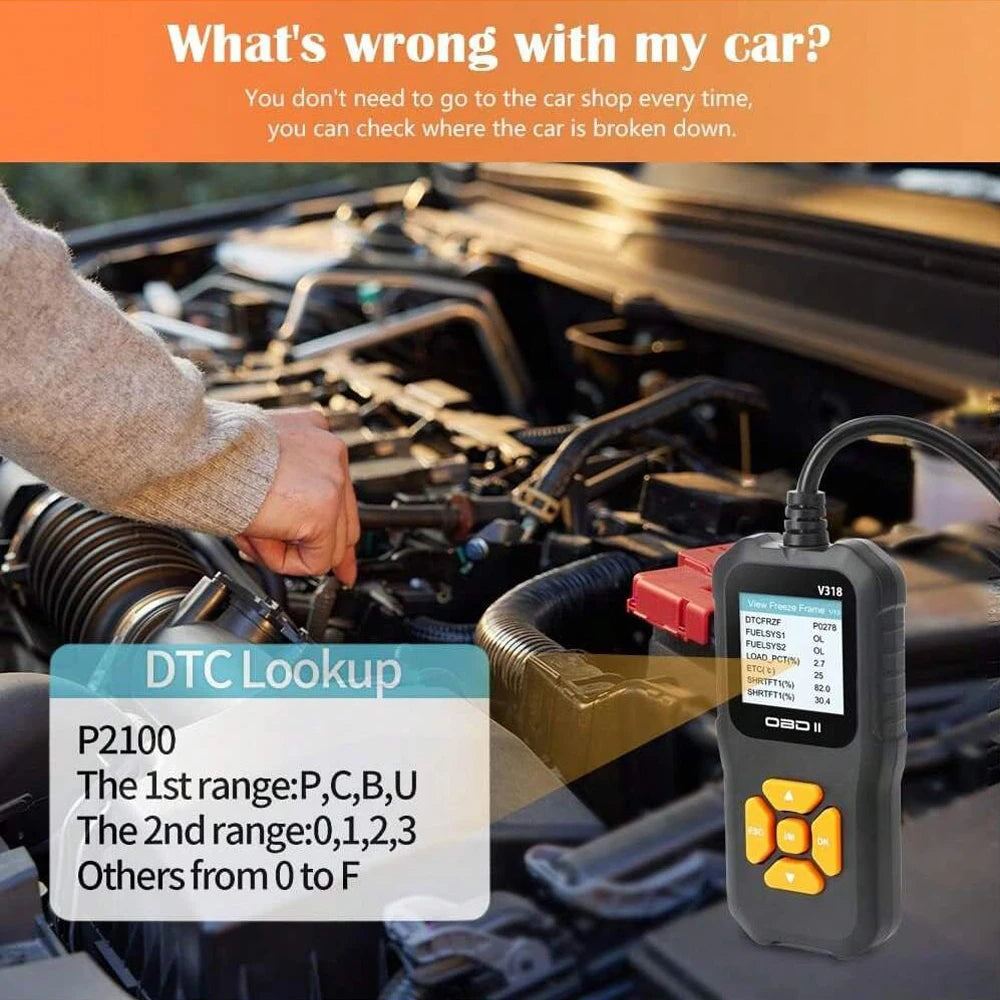 V318 OBD2 Scanner Color Screen Diagnostic Tool Multilingual Engine Fault Code Reader Battery Tester Full-Function Diagnostic Car Mobile World