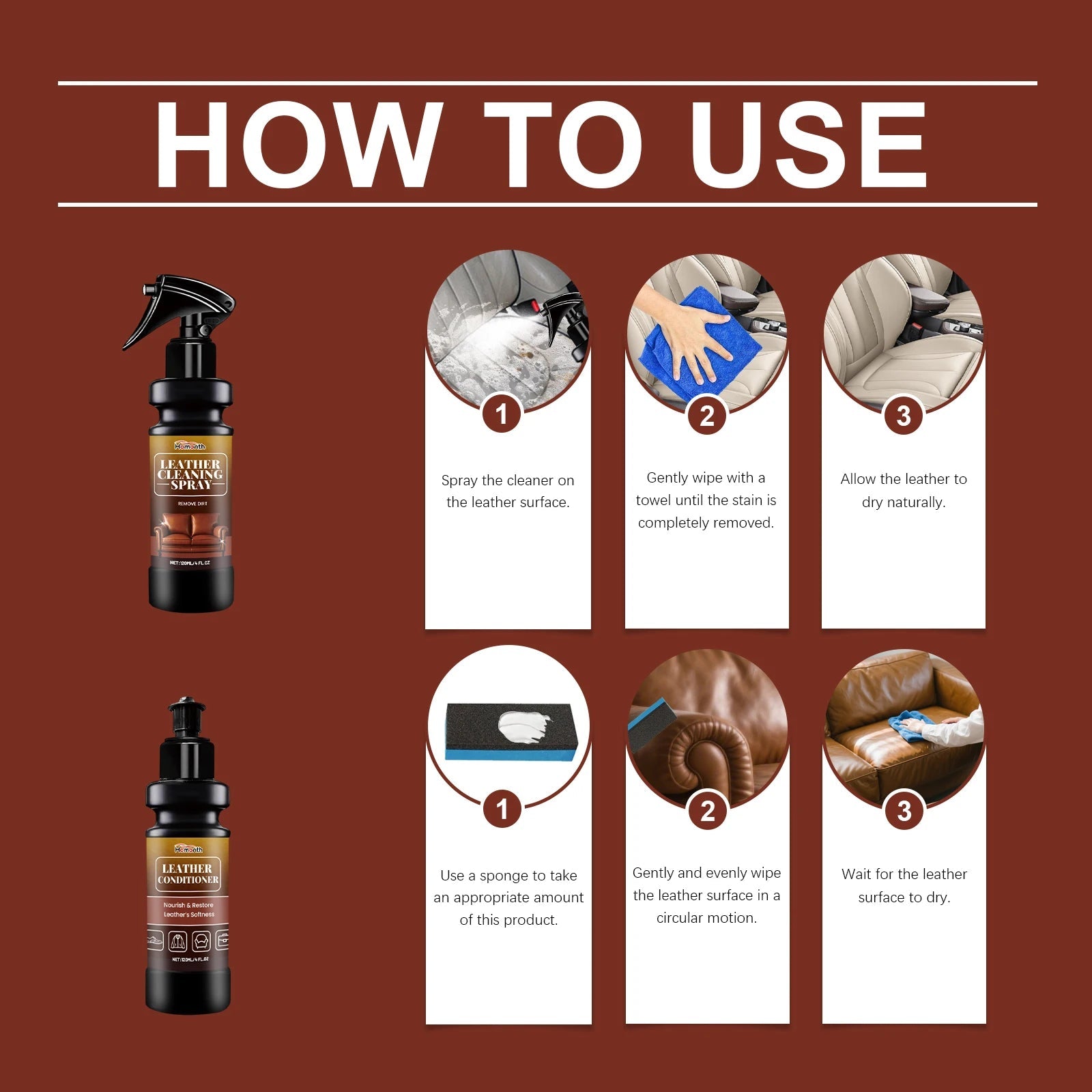 Leather Cleaner Conditioner Kit  Care Set Deep Spray Nourishing Cream Restores Softness Shine Prevents Cracking Includes Sponge CM World