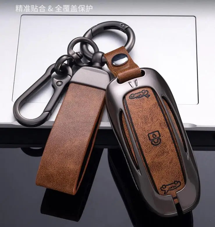 Car Zinc Alloy Leather Key Case Cover Holder For Tesla Model 3 Model S Model Y Model X Protector Keychain Interior Accessories