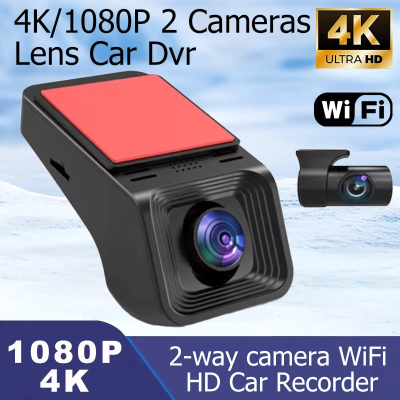 4K Car Dash Cam WiFi 2160P Rear View Reverse Camera 24H Parking Monitor Dual Channel DVR Recorder Night Vision Ultra HD Clear Car Mobile World