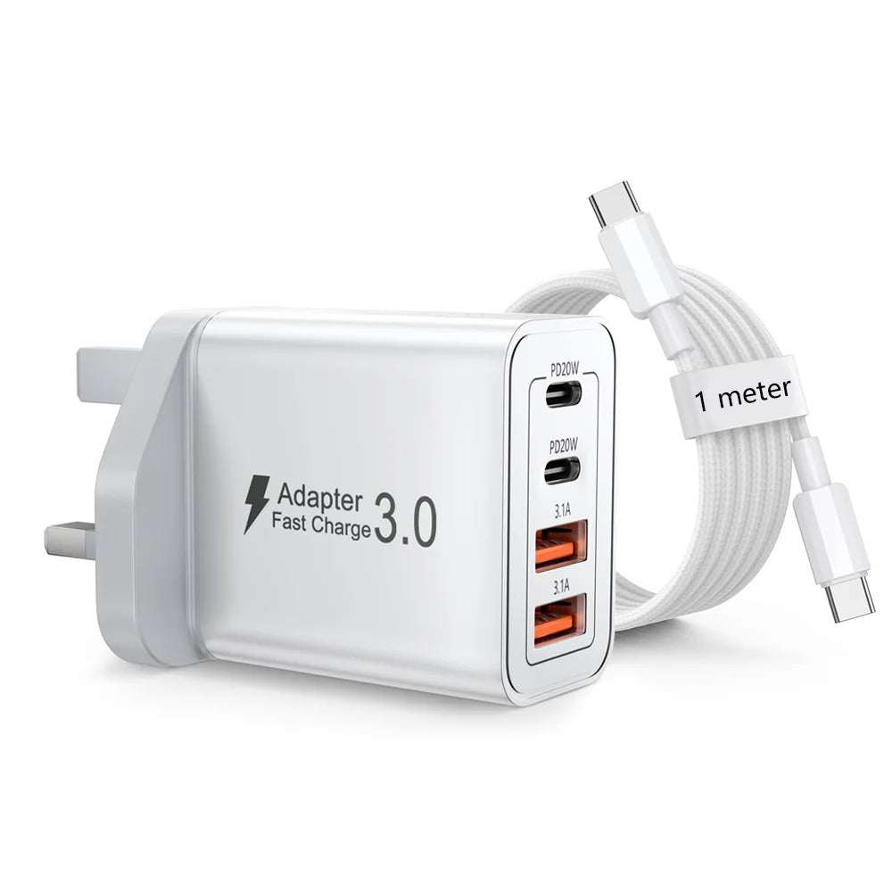 EU/UK/US/AU Plug Multi-Port USB-C/USB-A Wall Charger with Type C Cable, 40W Dual PD Fast Charging Block Mobile Phone Adapter Car Mobile World