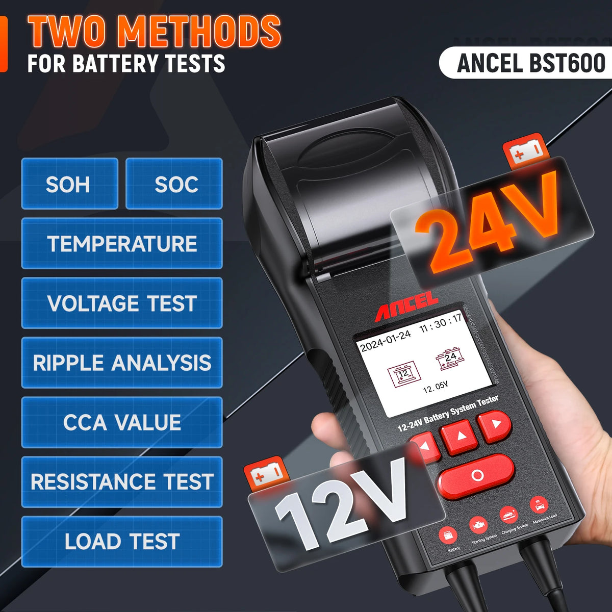 Car Battery Tester with Printer 12V 24V 100 2000 CCA Cranking Charging System ANCEL BST600  Digital Auto Load Tester
