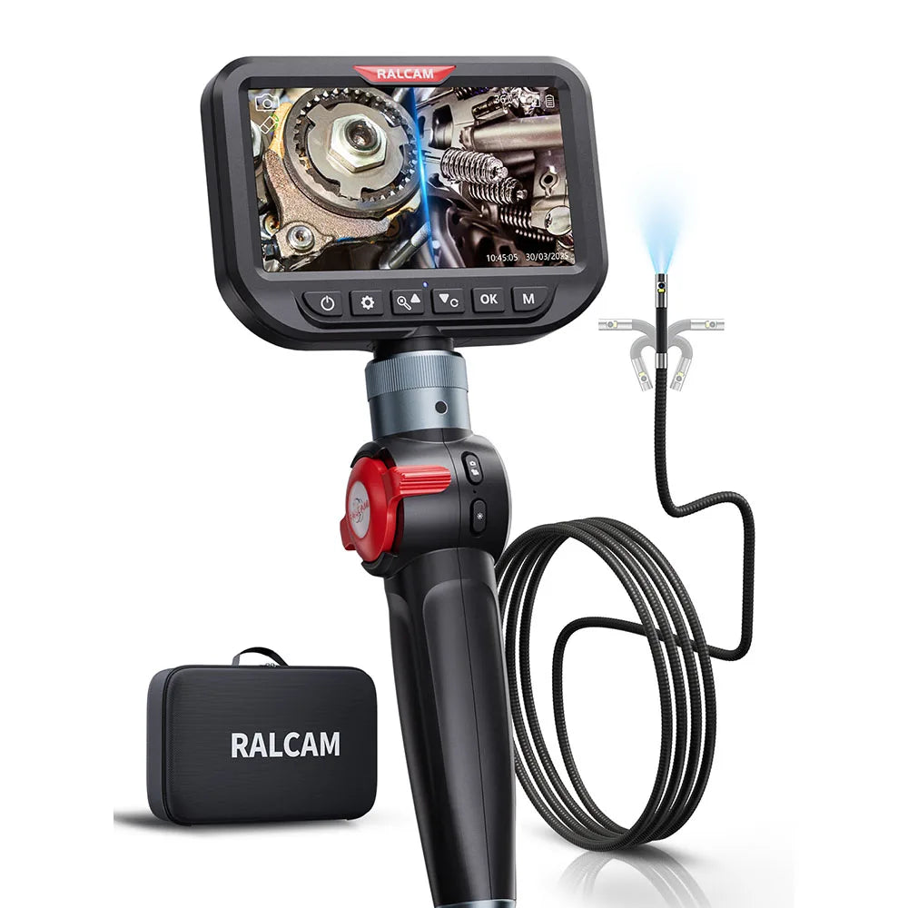 Ralcam 360° Two-Way Articulating Borescope, 5 Inch Screen Endoscope Inspection Dual Camera with 6+1 LEDs, 32G Card
