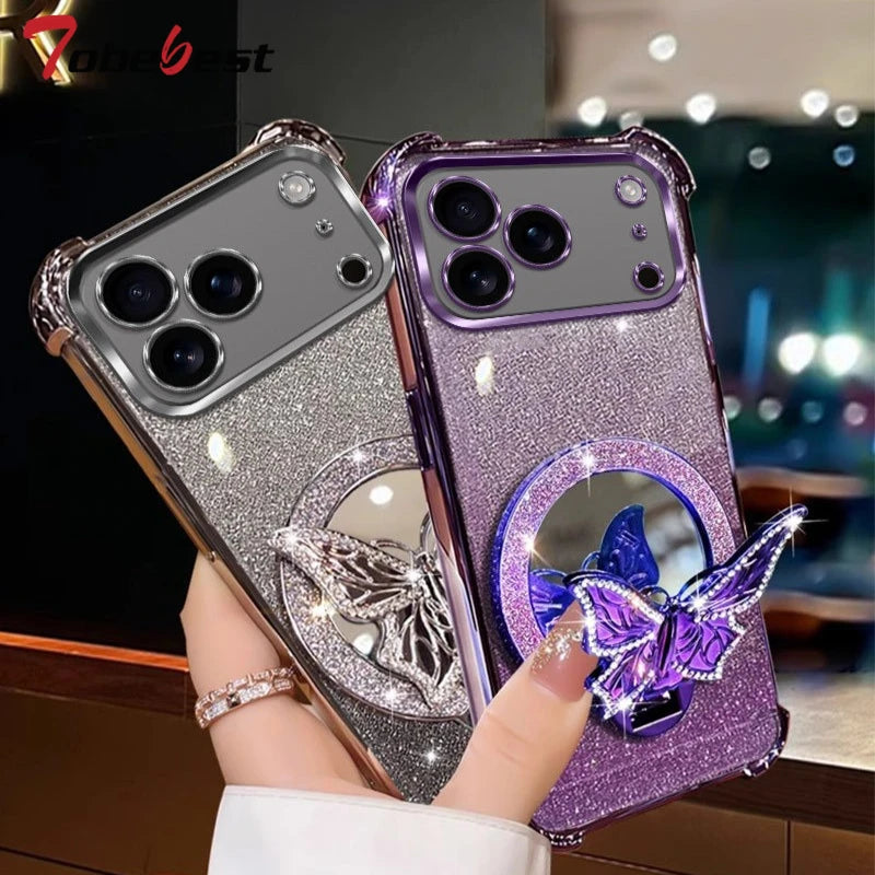 Glitter Butterfly Mirror Crystal Bracelet Case for IPhone 17 Air 16 16E 15 14 Plus 13 12 11 Pro XS Max XR X  Shockproof Cover