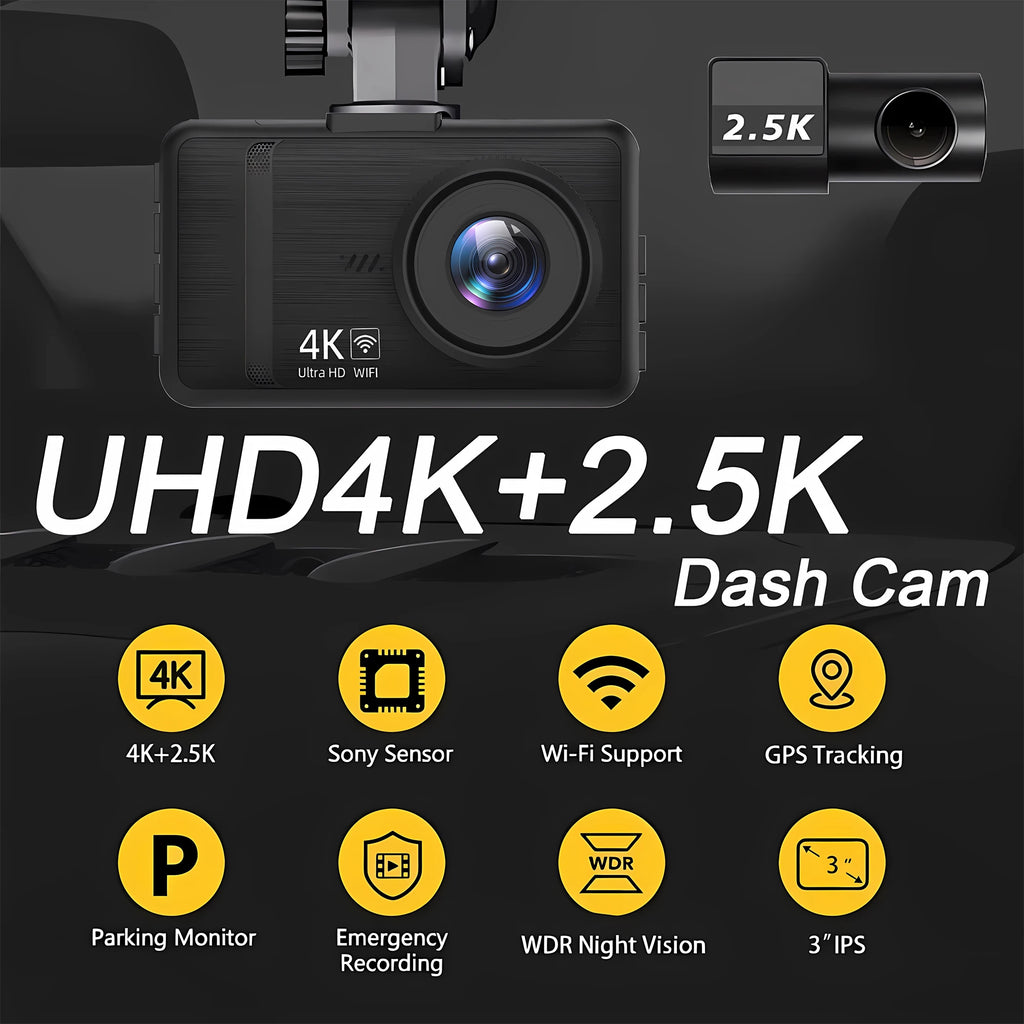 4K 2160P Ultra HD Dash Cam Night Vision With Back 2.5K 1440P Rear Car Video Camera WiFi GPS Logger G-Sensor Loop Recording