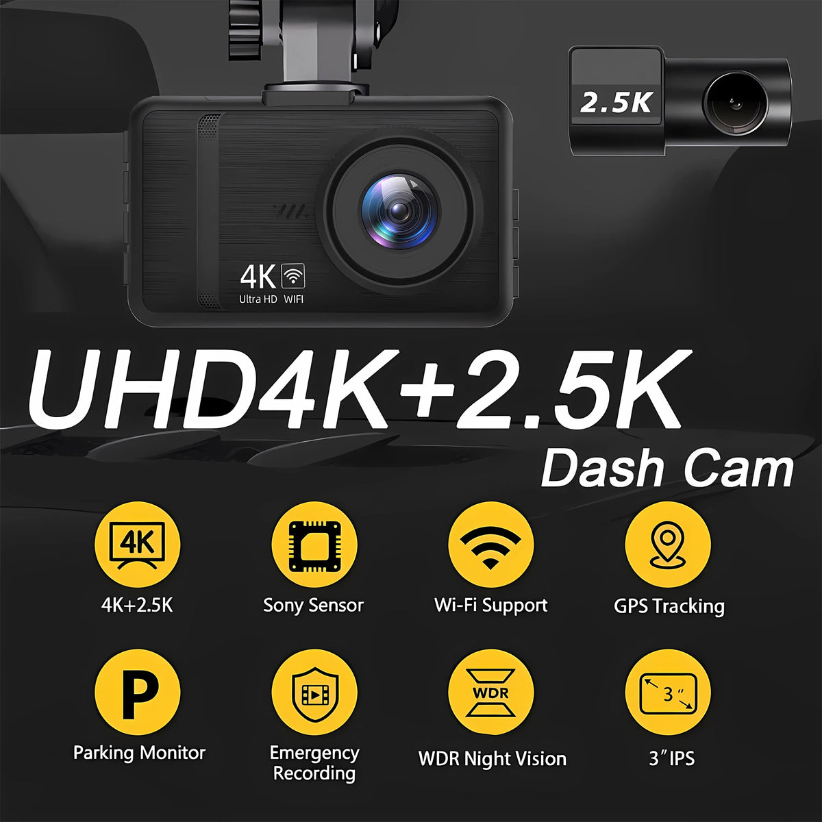 4K 2160P Ultra HD Dash Cam Night Vision With Back 2.5K 1440P Rear Car Video Camera WiFi GPS Logger G-Sensor Loop Recording