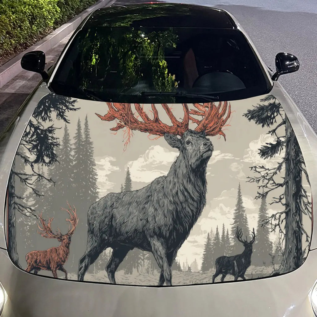 Dreamy Deer in a Mythical Forest PVC Car Engine Hood Vinyl Wraps, Self-Adhesive Waterproof Car Hood Decal Sticker, Car Decoratio