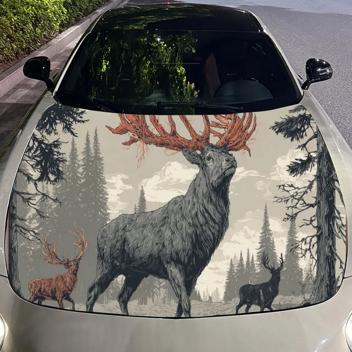 Dreamy Deer in a Mythical Forest PVC Car Engine Hood Vinyl Wraps, Self-Adhesive Waterproof Car Hood Decal Sticker, Car Decoratio