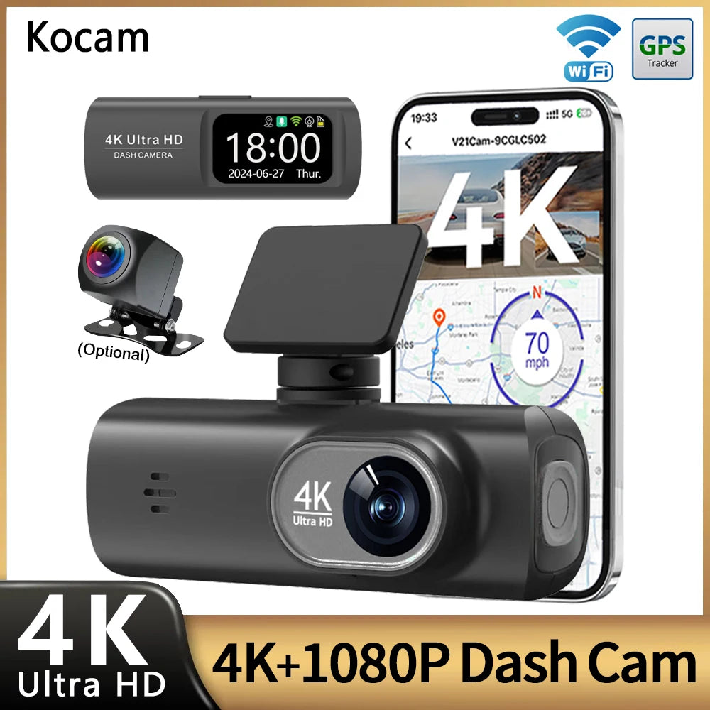 UHD 4K WiFi Dash Cam Dual Lens Driving Recorder Car DVR Optional 1080P Rear Lens Camera GPS 24H Parking Monitoring Black Box Car Mobile World
