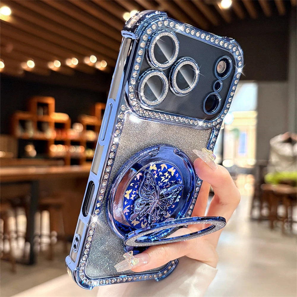 Rhinestone Lens Butterfly Bracket Glitter Phone Case for iPhone 17 16 Pro Max 15 14 13 Diamond Gradient Bling Shockproof Cover