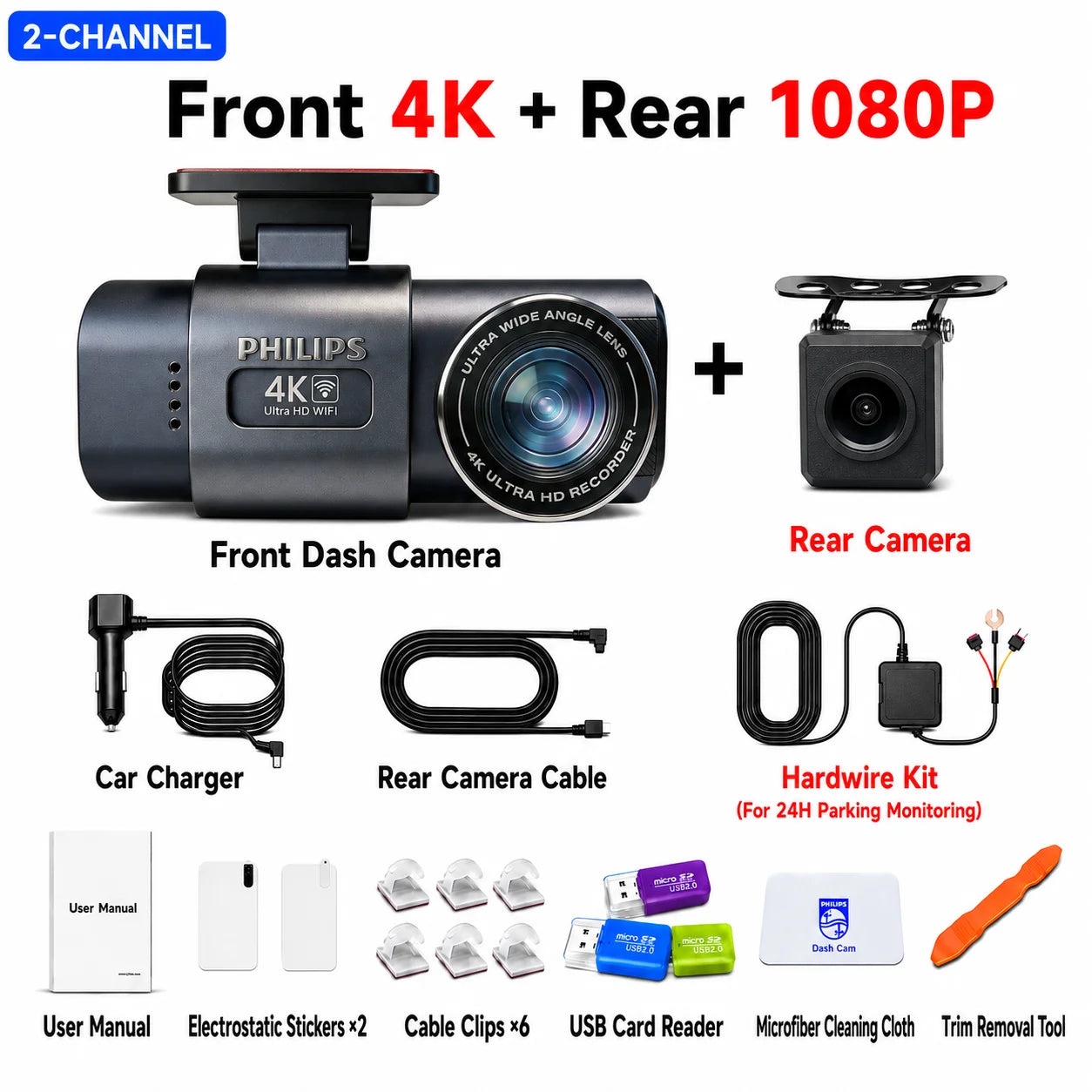 PHILIPS Dash Cam B01 4K+1K HDR Front and Rear Dual Camera 2.4GHz & 5GHz WiFi GPS 24H Parking Monitor Car DVR Video Recorder Car Mobile World