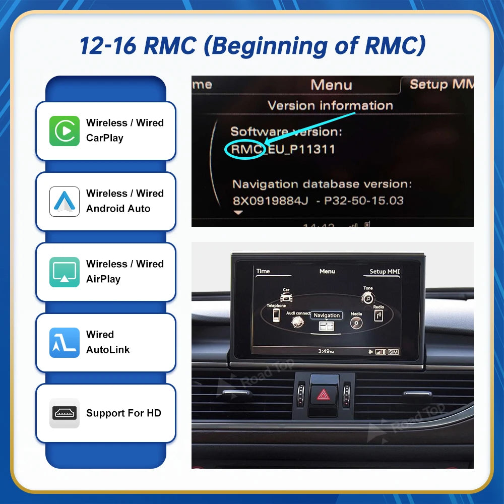 Road Top Wireless Android Auto For Audi Car A6 A7 RMC 3G MMI MHI2 2012-2018 Carplay Interface Mirror Link Air Play CM World