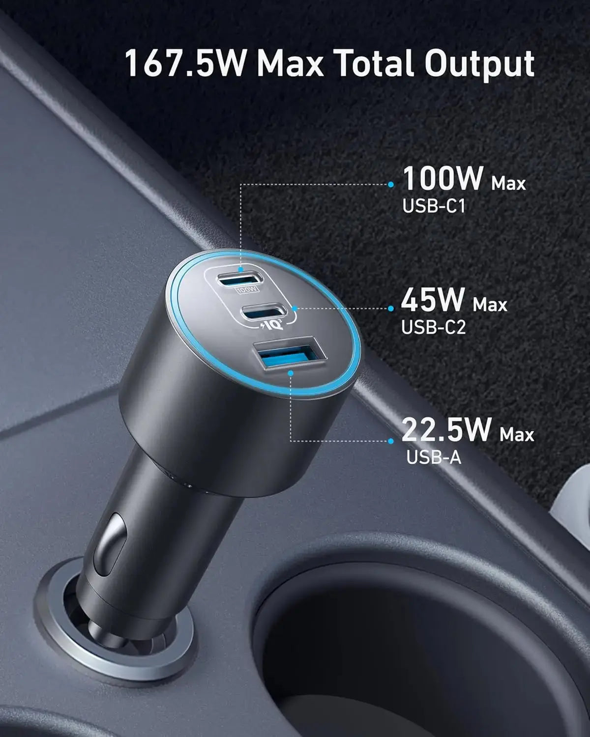 Anker USB-C Car Charger for iPhone 16, 167.5W Max 3-Port Ultra-Compact Type-C Fast Phone Car Charger Car Mobile World