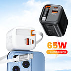 65W Fast Charger With Retractable USB C Cable 2 Ports USB Type C Charger PD Quick Charge 3.0 Phone Chargers For iphone Android Car Mobile World