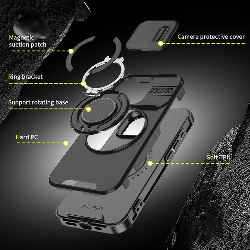 360°Rotating Hidden Metal Ring Car Holder Soft TPU+Hard PC Bumper Phone Case For IPhone 15 Pro Max 13 12 11 14 16 Pro Max Plus Car Mobile World