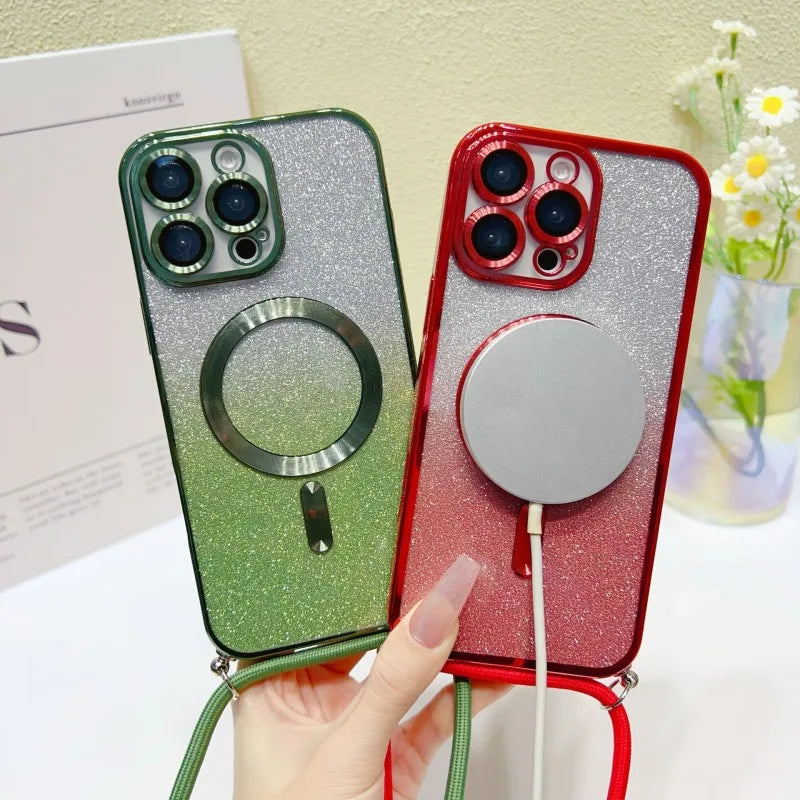 Magnetic For iPhone 17 Pro Max Case 16 14 13 12 11 15 Plus 17Air Glitter Magsafe Clear Plating Strap Crossbody Lanyard Cover Car Mobile World