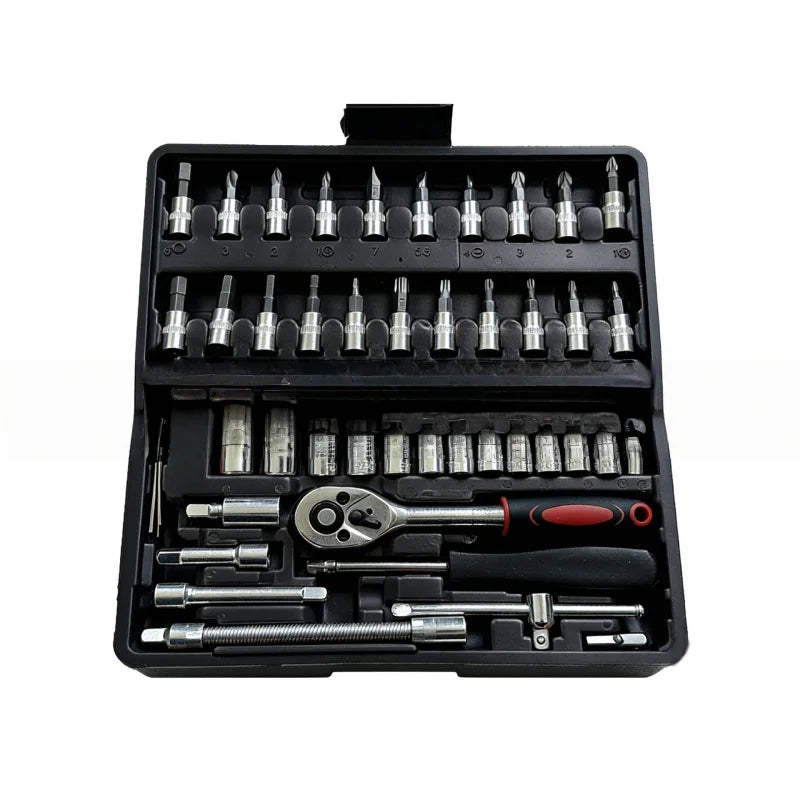 46Pcs 1/4 Inch Metric Ratchet Socket Wrench Set with Extension Bar, Portable Repair Tool Kit for Auto Household Maintenance