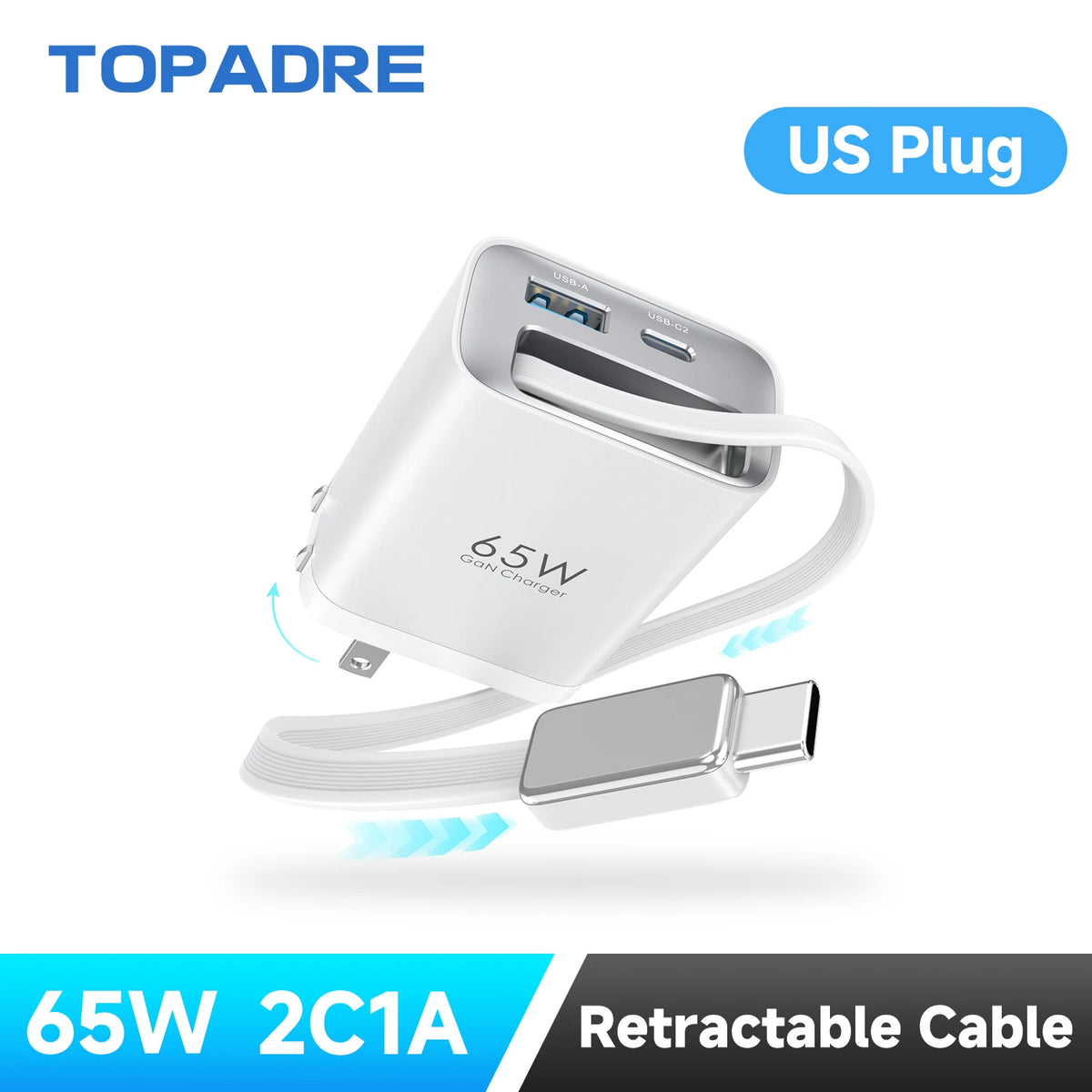 EU plug 65W GaN PD3.1 Fast Charger With Retractable Cable , 3-Port Type-C + USB-A Travel Adapter For IPhone , Laptops, Galaxy