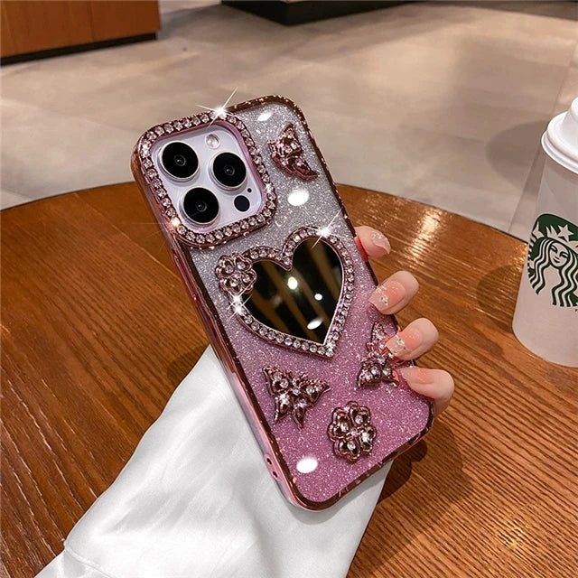 For iPhone 16 Pro Max Luxury Flash Glitter Butterfly Love Mirror Plating Frame Phone Case For iPhone 13 14 15 Plus 17 Air Cover