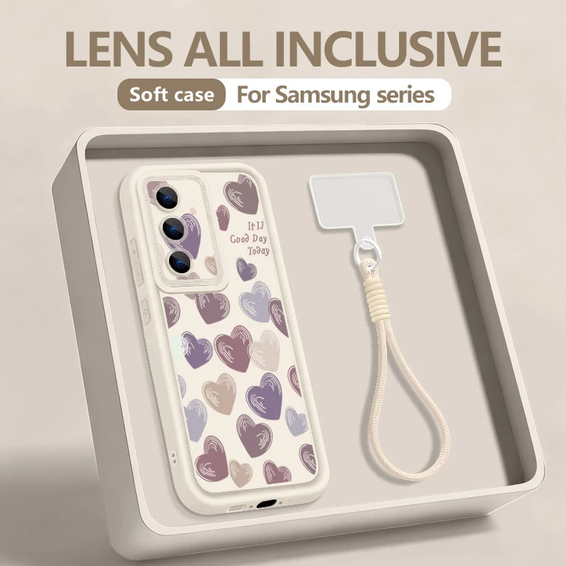 Simple Love Patterned Lanyard Phone Case For Samsung Galaxy S26 S25 FE S26 S24 S23 S22 Ultra S23 Plus S25 Edge Soft Strap Cover