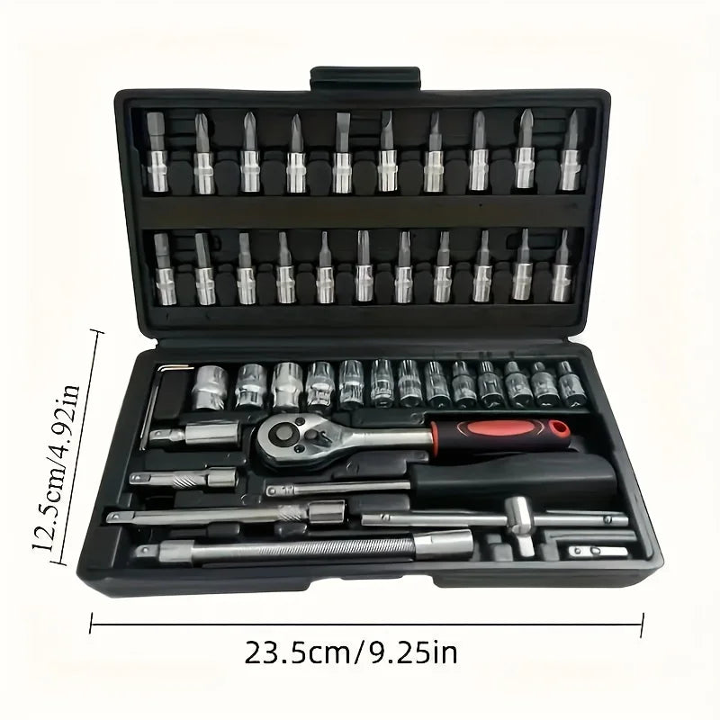 46pcs 1/4 Inch Drive Socket Set for Motor Ratchet Wrench Set Motorcycle Tool Kit, Bit Socket Wrench Set Metric Mechanic Tool Set CM World