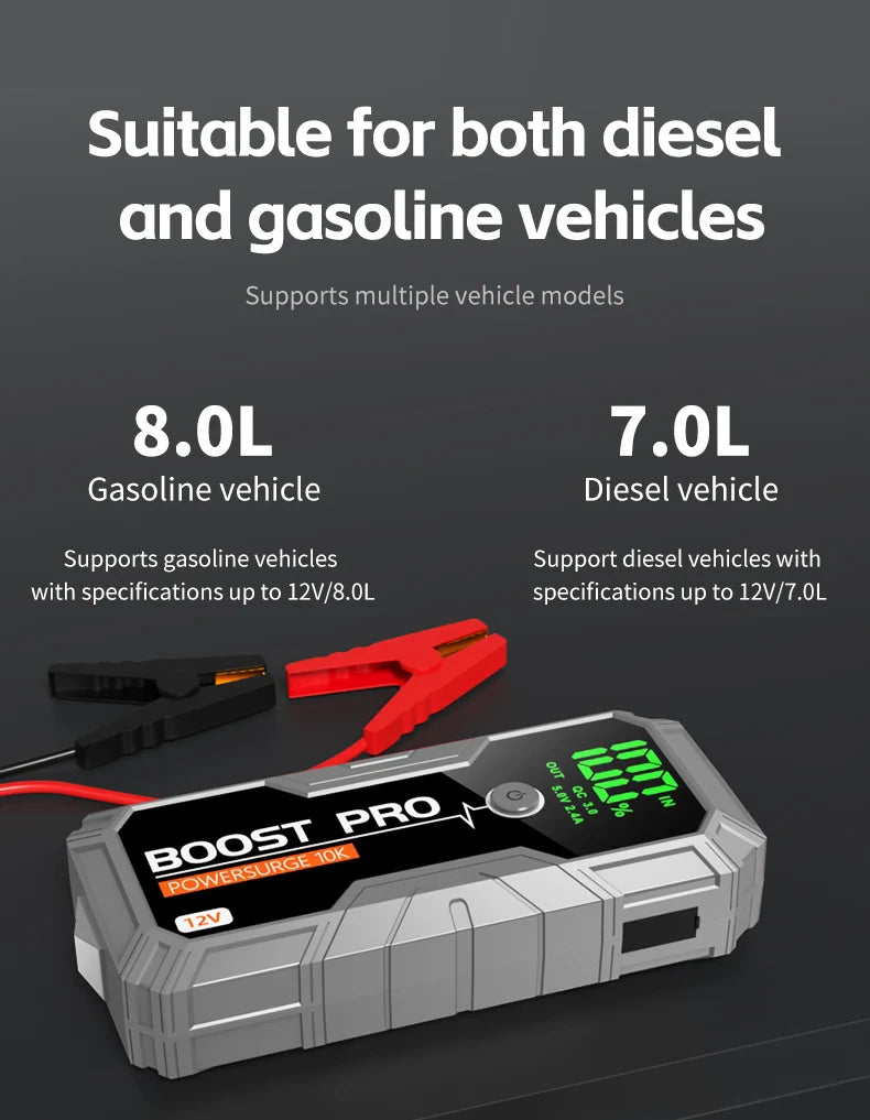 12V Portable Car Jump Starter, 8.0L Gas/7.0L Diesel, QC3.0 Power Bank, 4-Mode LED Light, Explosion-Proof Battery for All Vehicle