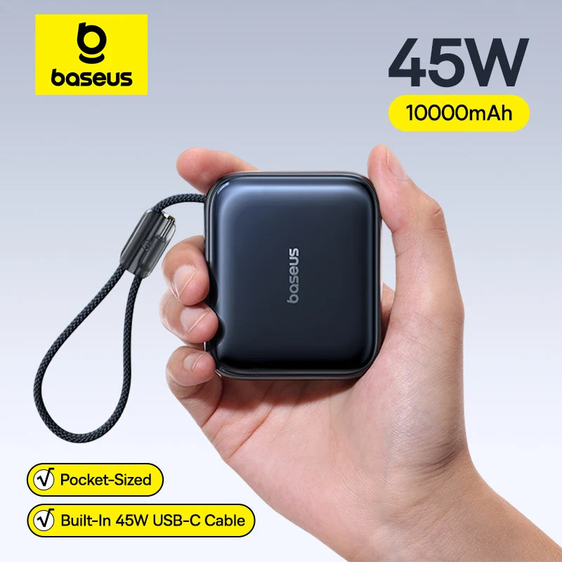 Baseus 45W Mini Power Bank 10000mAh Built-In USB-C Cable Pocket-Sized Smaller Fast Charging Portable For iPhone 17 Samsung S25 Car Mobile World
