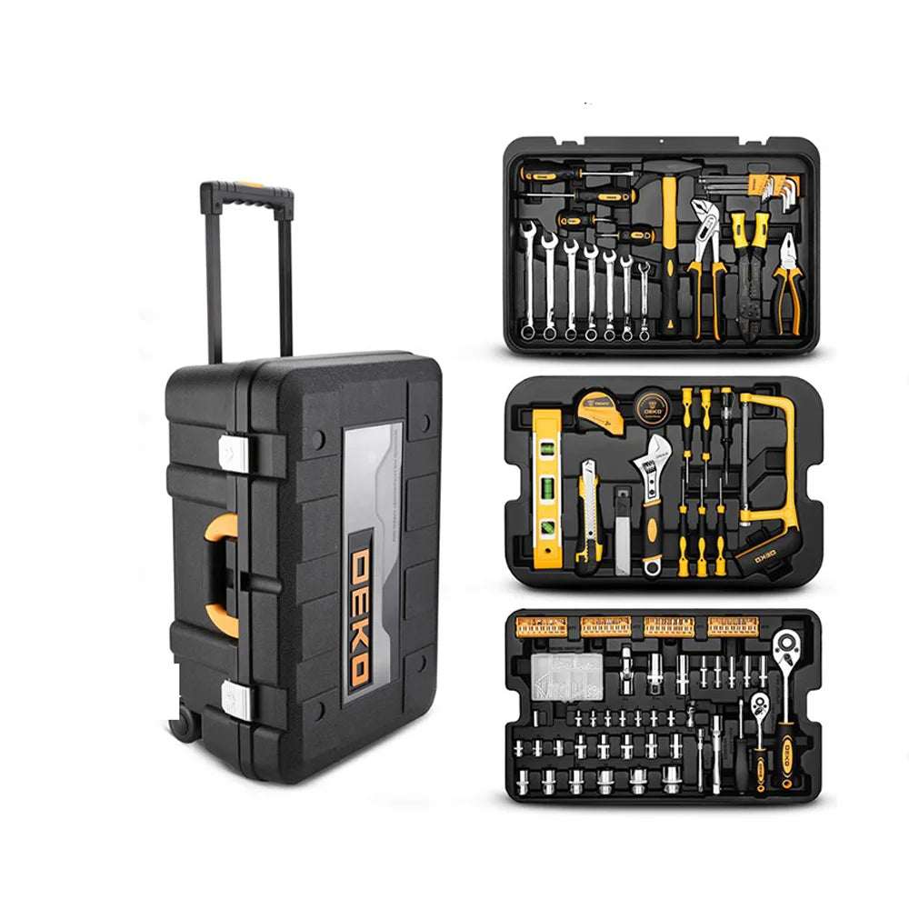 DEKO 258pcs Home DIY Hand Tool Set Professional Hand Tool Luggage Three-layer Rolling Portable Storage Box CM World