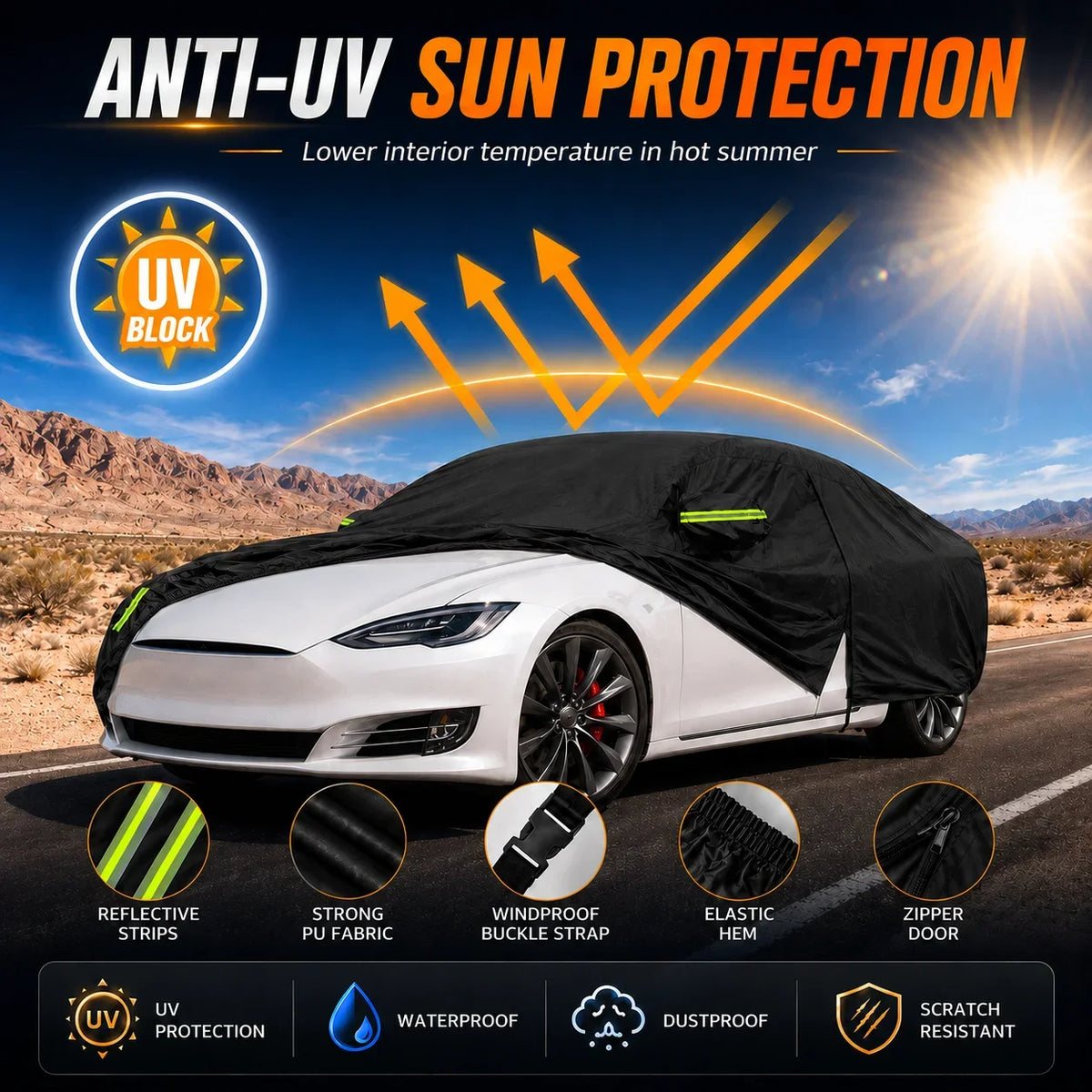 For Tesla Model 3 Outdoor Full Car Cover Waterproof Snowproof Dustproof UV Protection Reflective Strip