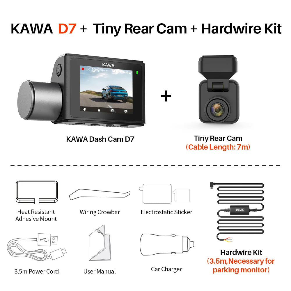 4K Front and Rear Dash cam KAWA D7,Video Recorder 4K WiFi6 Car Camera,DVR Tiny Rear Camera for AUTO,APP/Voice Control Dashcam Car Mobile World