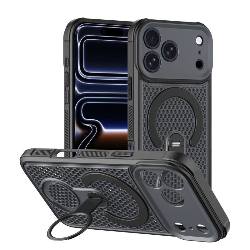 360° Rotate Ring Holder Magnetic Mesh Heat Dissipation Case for iPhone 17 16 15 14Plus 13 12 11 18 Pro Max Air For Magsafe Cover