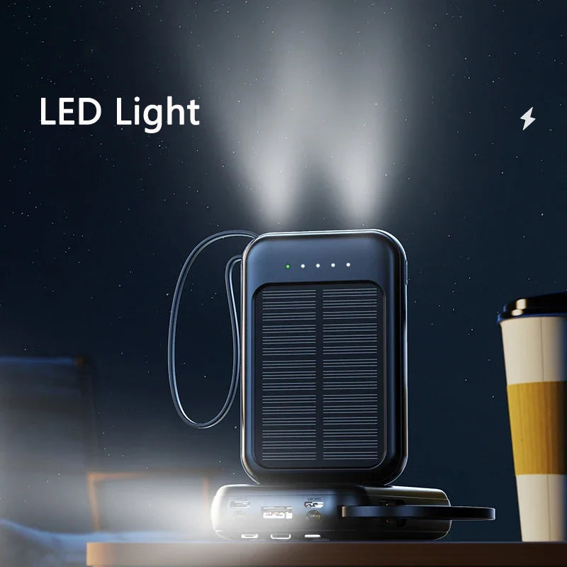 50000mAh Solar Power Bank Built-in Cable Solar Charger 2 USB Ports External Charger Power Bank with LED Light For iPhone Xiaomi