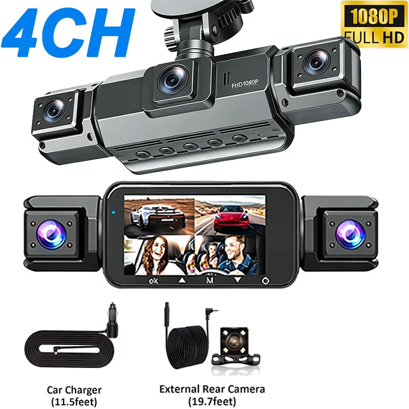 Car Dash Cam 3/4 Channel 360° 1080P HD 4 Lens DVR Camera Night Vision G‑Sensor 24H Parking Motion Loop Record Detection Recorder