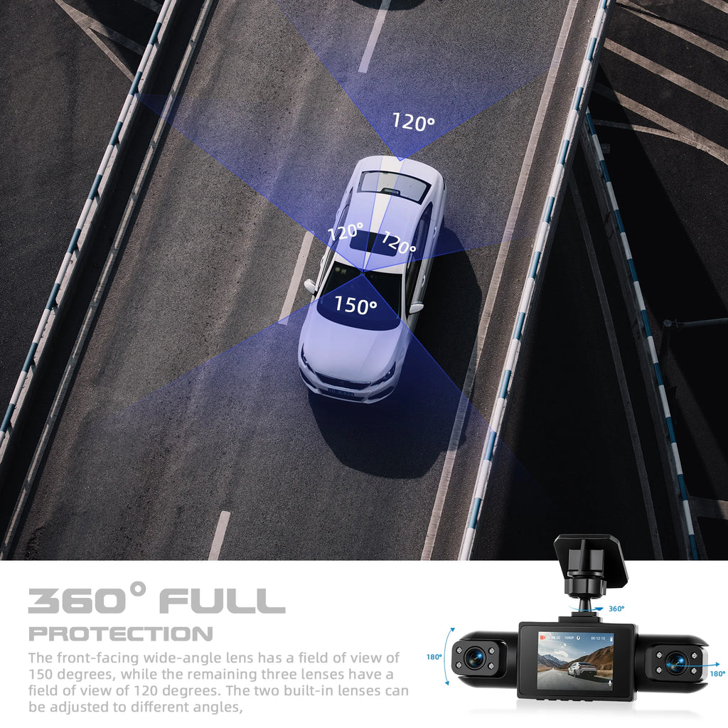 Podofo Four-Channel Car DashCam With 480P Left Interior, Right Interior, and Rear Cameras Car DVR Video Recorder Night Vision Loop Recording, Reversing Help Camera Recorder