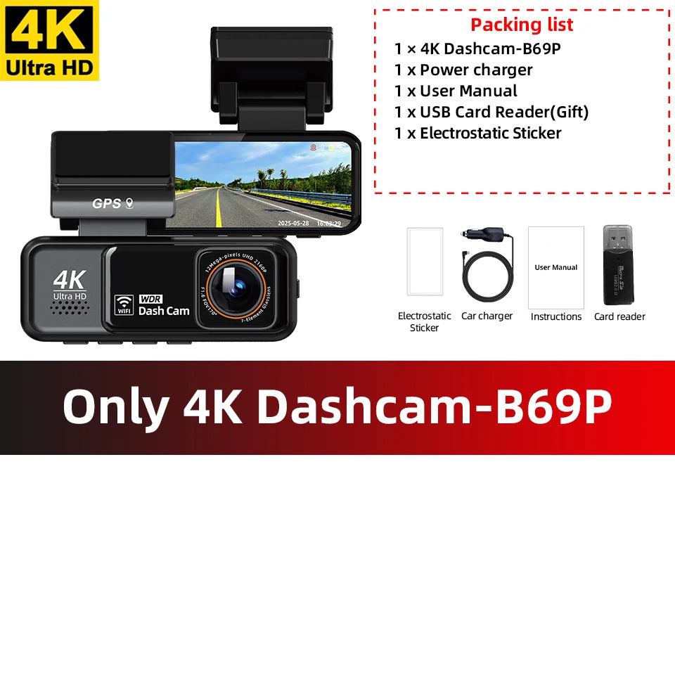 Acceo 4K Dashcam WIFI GPS CAR Video Recorder Dual Lens Support 2.5K Rear Camera Night Vision 24H Parking Monitoring Black Box