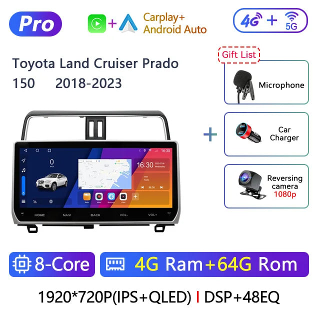 12.3" 2 Din Android Car Radio Multimedia DVD Player For Toyota Land Cruiser Prado 150 2018-2023 Navigation GPS Carplay Head Unit CM World
