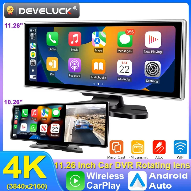 10/11.26 inch Dash Cam 4K Car DVR Wireless Carplay & Android Auto GPS Navigation Video Recorder Dashboard Dual Lens Wifi FM AUX Car Mobile World