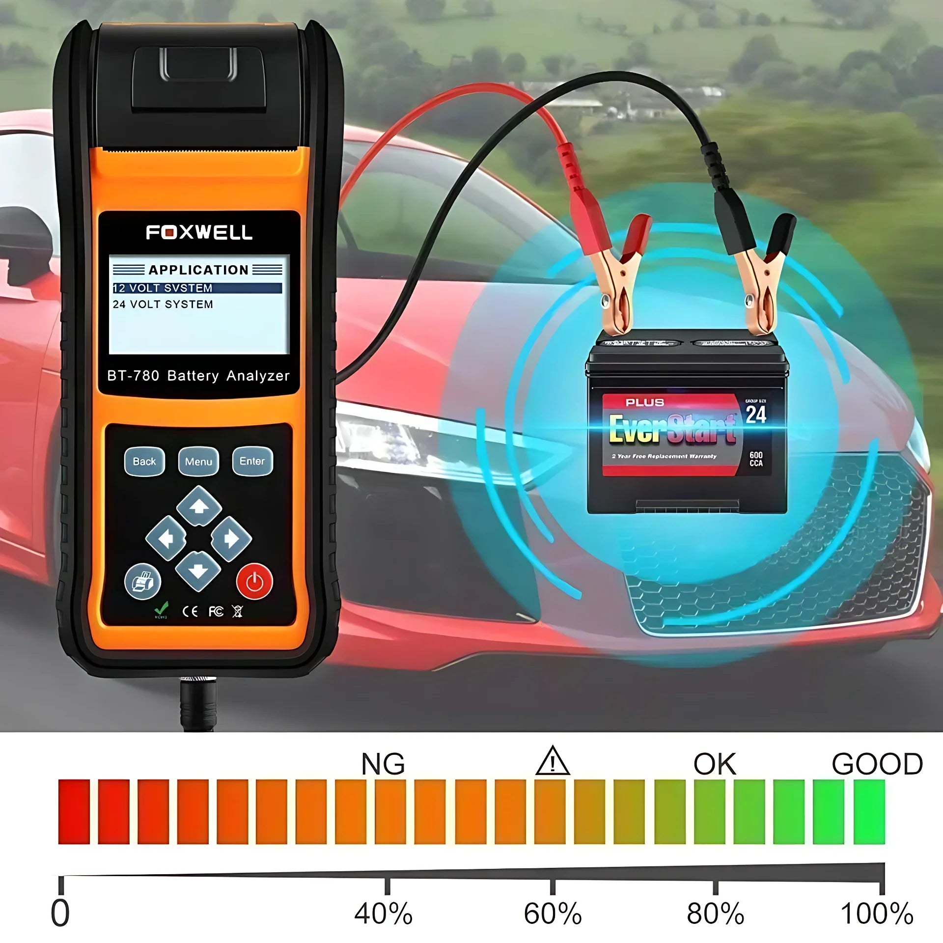 FOXWELL BT780 12V Car Battery Tester capacity AGM/GEL/EFB Analyzer with Built-in Printer Car Battery Monitor CCA/SOC/SOH Test CM World