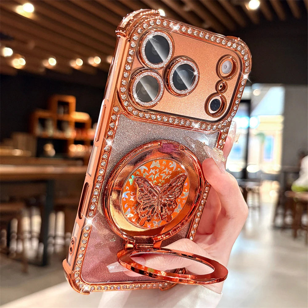Rhinestone Lens Butterfly Bracket Glitter Phone Case for iPhone 17 16 Pro Max 15 14 13 Diamond Gradient Bling Shockproof Cover