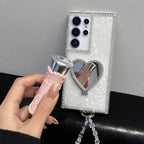 Glitter Love Heart Mirror Bracelet Case for Samsung Galaxy S26 S25 Ultra S24 S22 Plus S23 FE A55 A16 A54 A35 A15 Bracket Cover