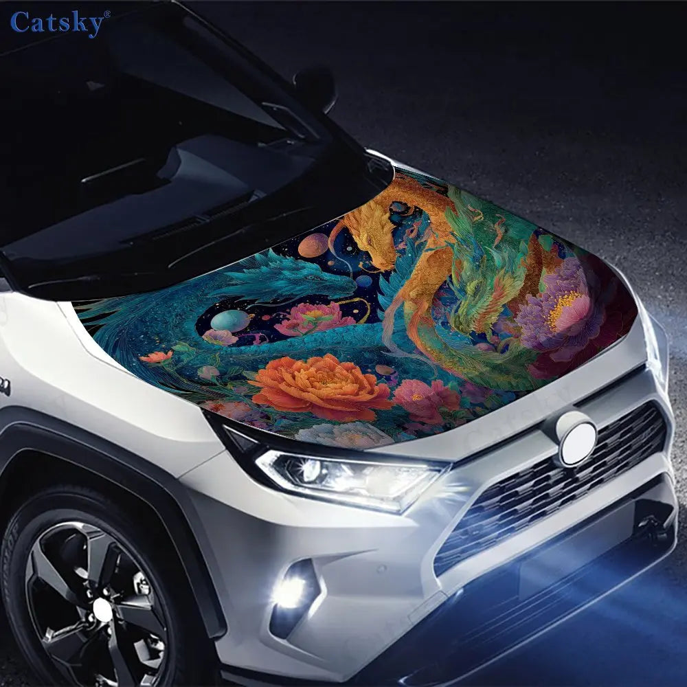 Magical Dragons and Flowers Car Vinyl Wrap, PVC Waterproof Car Hood Sticker, Self-Adhesive Scratch-Resistant Stickers for Engine