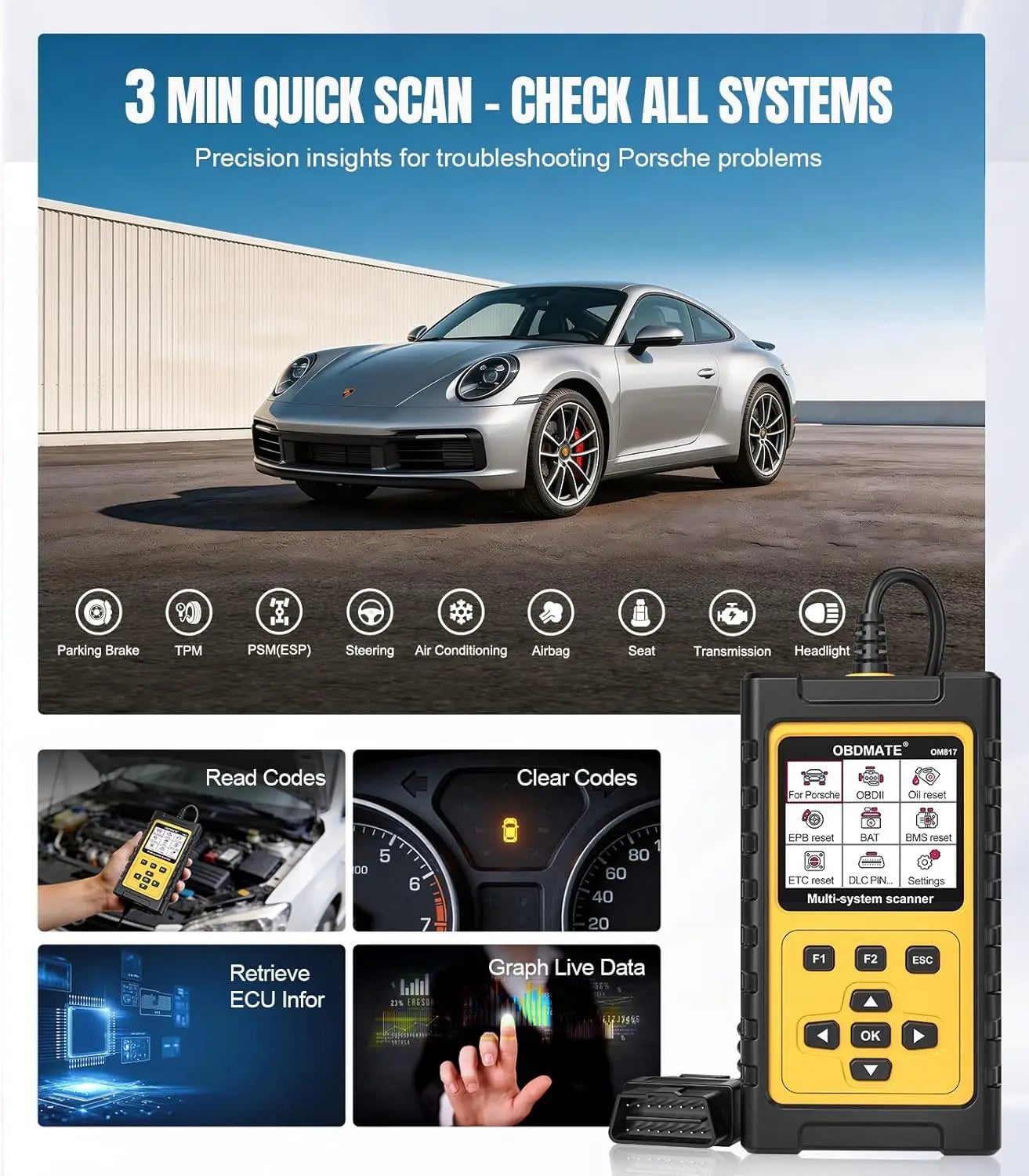 Car OBD2 Scanner for Porsche Full System Diagnostic With Multi Resets Services Battery Test Automotive Scanner Lifetime Update Car Mobile World