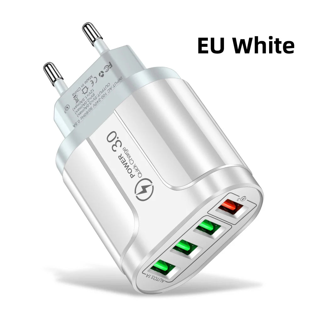 45W USB Charger Fast Charge QC 3.0 Wall Charging For iPhone 12 11 Samsung Xiaomi Mobile 4 3 Ports EU US Plug Adapter Travel Car Mobile World