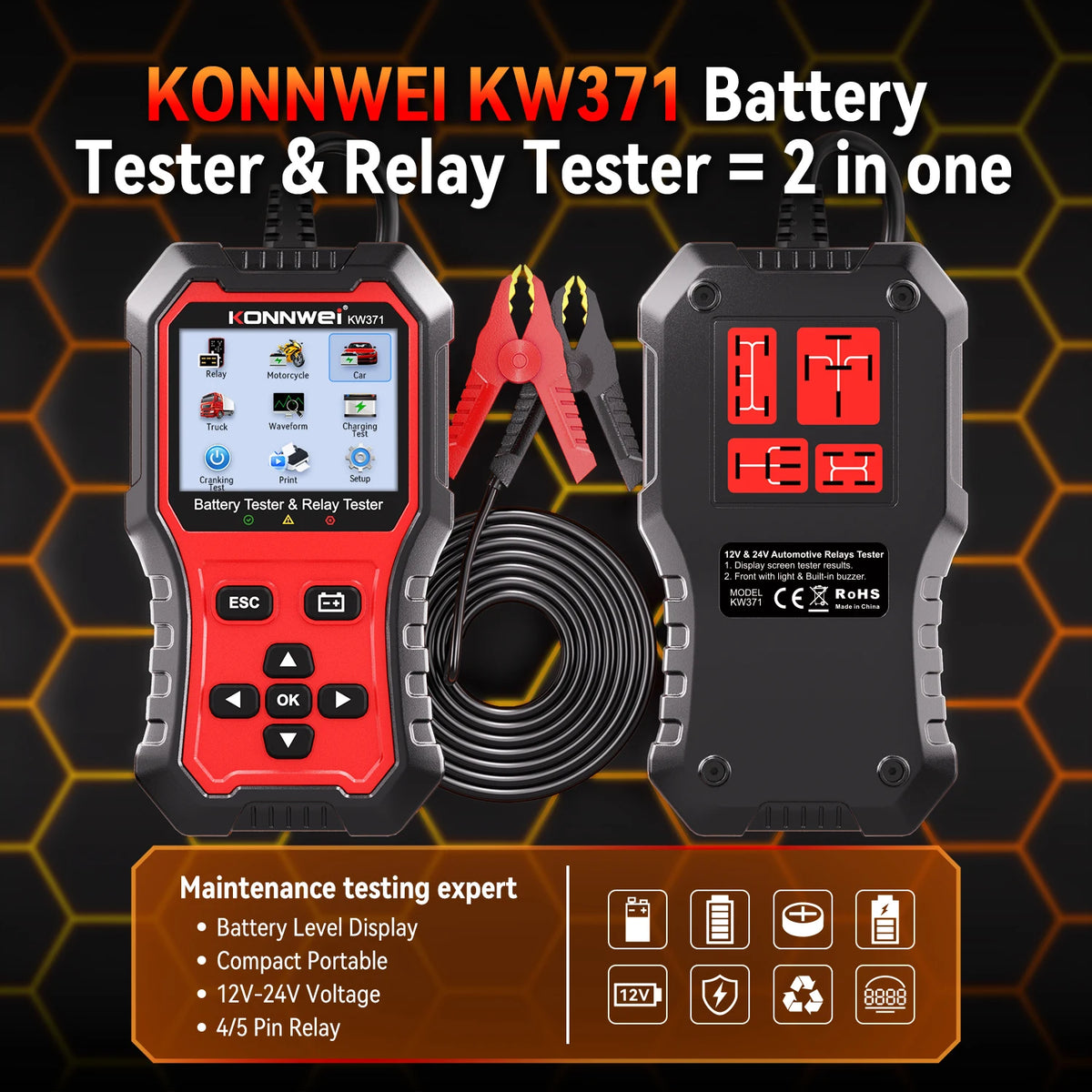 2026 KONNWEI KW371 2in1 Car Battery Tester & 4 Pin 5 Pin Relay Tester 6V 12V 24V Fault Data Print Start Test Charging Scan Tool