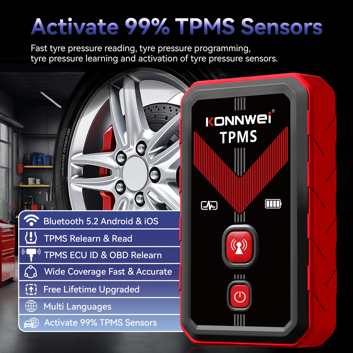 2026 KONNWEI TK100 TPMS Programming Tool Car Tire Pressure Sensors Activate OBD Relearn Tool 433MHz 315MHz Read TPMS ECU ID Tool