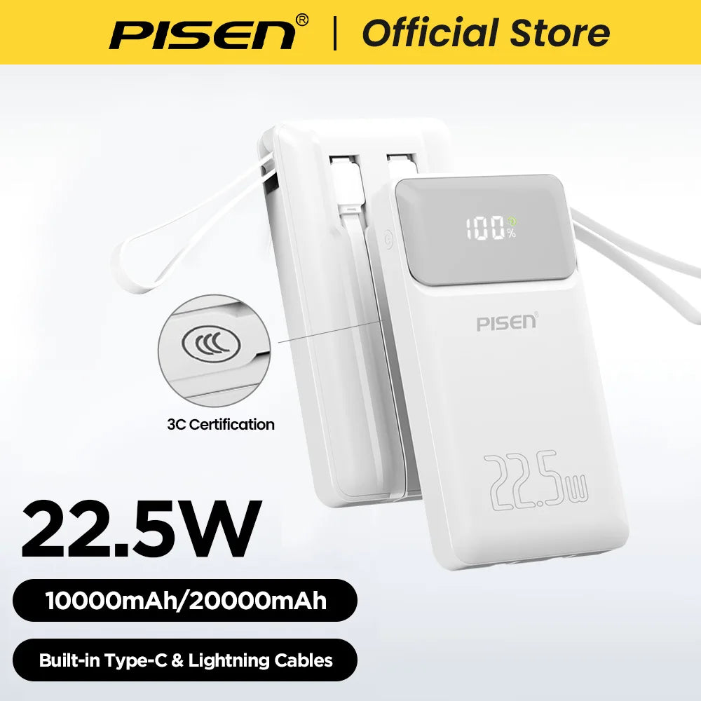 PISEN 3C Certified 22.5W Power Bank 10000mAh/ 20000mAh With Built-in Type C/L Cables Fast Charging Powerbank For iPhone Samsung Car Mobile World